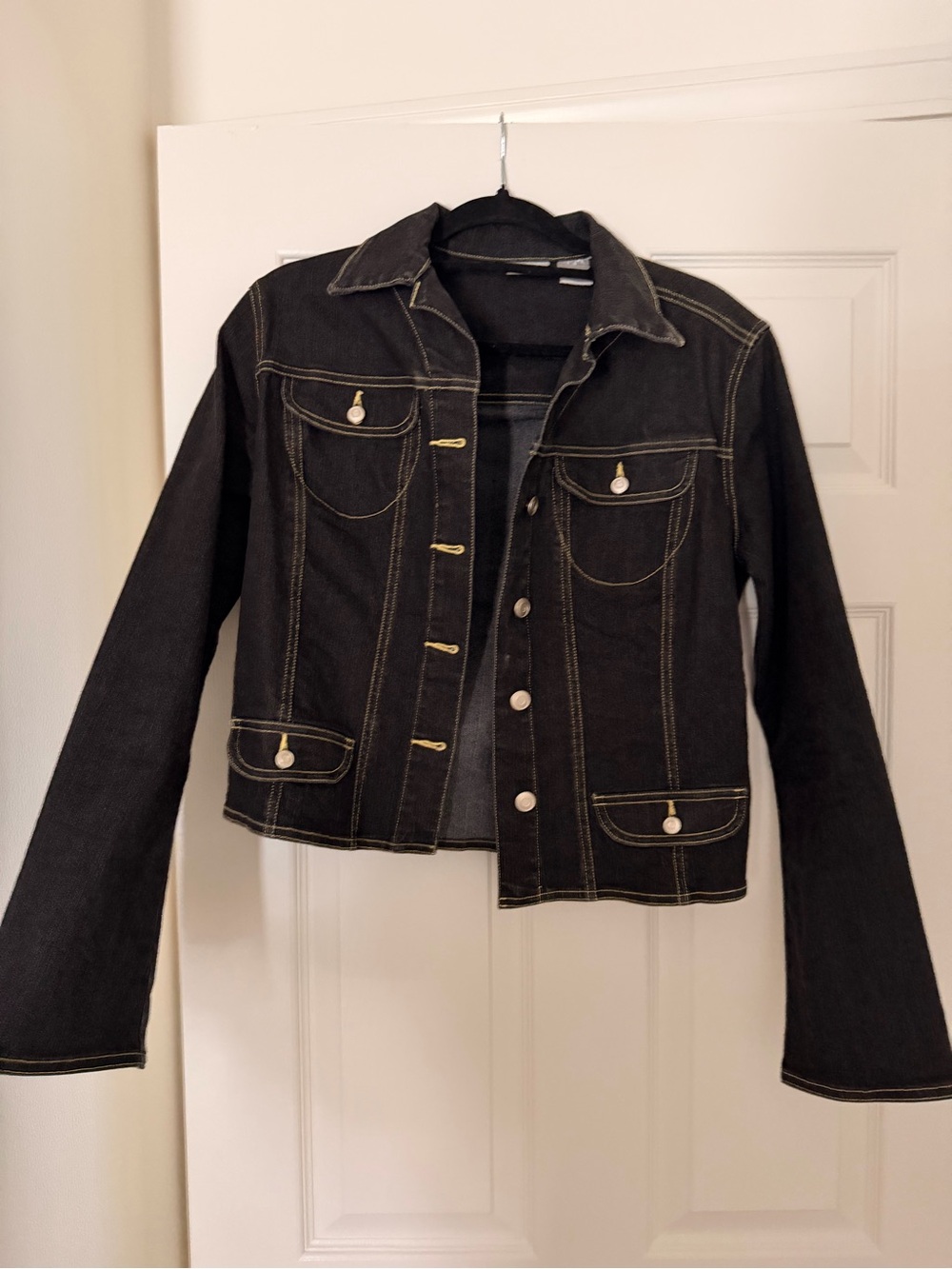 Vintage Spiegel Black Denim Jacket with Contrast Gold Stitching